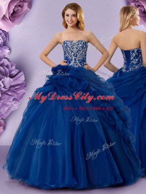 Inexpensive Royal Blue Lace Up Strapless Beading and Ruffles and Hand Made Flower Sweet 16 Dress Organza Sleeveless