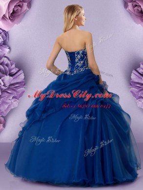 Inexpensive Royal Blue Lace Up Strapless Beading and Ruffles and Hand Made Flower Sweet 16 Dress Organza Sleeveless