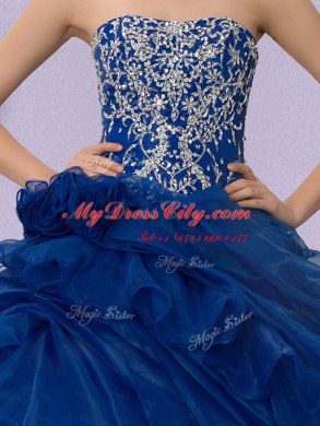 Inexpensive Royal Blue Lace Up Strapless Beading and Ruffles and Hand Made Flower Sweet 16 Dress Organza Sleeveless