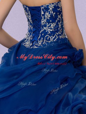 Inexpensive Royal Blue Lace Up Strapless Beading and Ruffles and Hand Made Flower Sweet 16 Dress Organza Sleeveless