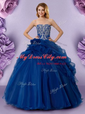 Inexpensive Royal Blue Lace Up Strapless Beading and Ruffles and Hand Made Flower Sweet 16 Dress Organza Sleeveless