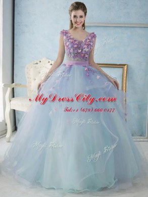 Excellent Floor Length Lace Up Quinceanera Dresses Light Blue for Military Ball and Sweet 16 and Quinceanera with Appliques and Ruffles