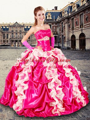 Modest Sleeveless Beading and Ruffles and Pick Ups Lace Up Quince Ball Gowns