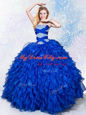 Affordable Sleeveless Floor Length Beading and Ruffles Lace Up Quinceanera Gown with Royal Blue