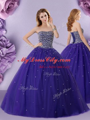 Affordable Strapless Sleeveless Lace Up Ball Gown Prom Dress Purple Tulle
