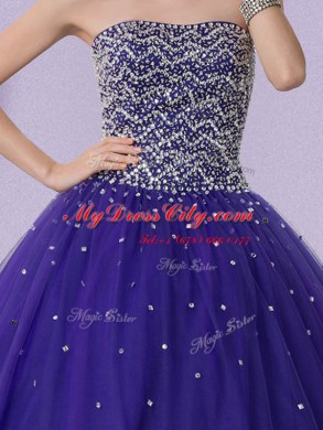 Affordable Strapless Sleeveless Lace Up Ball Gown Prom Dress Purple Tulle