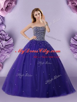 Affordable Strapless Sleeveless Lace Up Ball Gown Prom Dress Purple Tulle