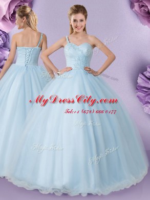 Stylish One Shoulder Light Blue Sleeveless Tulle Lace Up Sweet 16 Dress for Military Ball and Sweet 16 and Quinceanera
