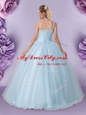 Stylish One Shoulder Light Blue Sleeveless Tulle Lace Up Sweet 16 Dress for Military Ball and Sweet 16 and Quinceanera