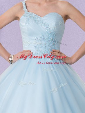Stylish One Shoulder Light Blue Sleeveless Tulle Lace Up Sweet 16 Dress for Military Ball and Sweet 16 and Quinceanera