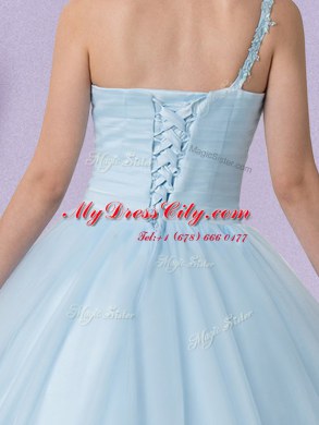 Stylish One Shoulder Light Blue Sleeveless Tulle Lace Up Sweet 16 Dress for Military Ball and Sweet 16 and Quinceanera