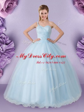 Stylish One Shoulder Light Blue Sleeveless Tulle Lace Up Sweet 16 Dress for Military Ball and Sweet 16 and Quinceanera