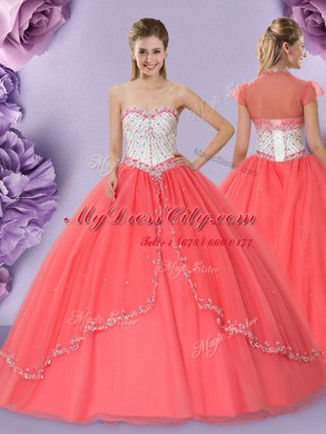 Spectacular Ball Gowns Quince Ball Gowns Watermelon Red Sweetheart Tulle Sleeveless Floor Length Lace Up
