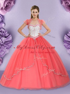 Spectacular Ball Gowns Quince Ball Gowns Watermelon Red Sweetheart Tulle Sleeveless Floor Length Lace Up