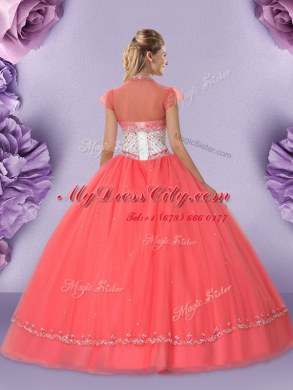 Spectacular Ball Gowns Quince Ball Gowns Watermelon Red Sweetheart Tulle Sleeveless Floor Length Lace Up