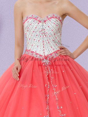 Spectacular Ball Gowns Quince Ball Gowns Watermelon Red Sweetheart Tulle Sleeveless Floor Length Lace Up