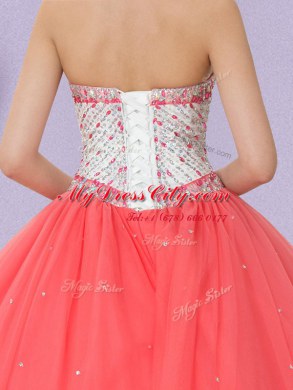 Spectacular Ball Gowns Quince Ball Gowns Watermelon Red Sweetheart Tulle Sleeveless Floor Length Lace Up