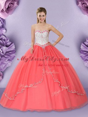 Spectacular Ball Gowns Quince Ball Gowns Watermelon Red Sweetheart Tulle Sleeveless Floor Length Lace Up