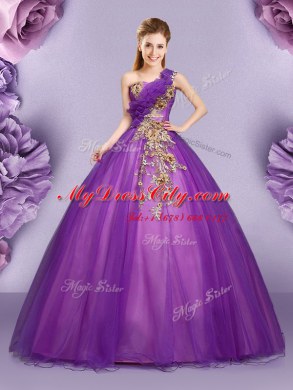 Fashionable Floor Length Purple 15 Quinceanera Dress One Shoulder Sleeveless Lace Up