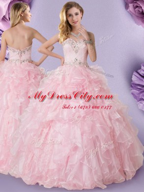 Baby Pink Ball Gown Prom Dress Military Ball and Sweet 16 and Quinceanera and For with Beading and Ruffles Sweetheart Sleeveless Lace Up