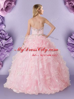 Baby Pink Ball Gown Prom Dress Military Ball and Sweet 16 and Quinceanera and For with Beading and Ruffles Sweetheart Sleeveless Lace Up