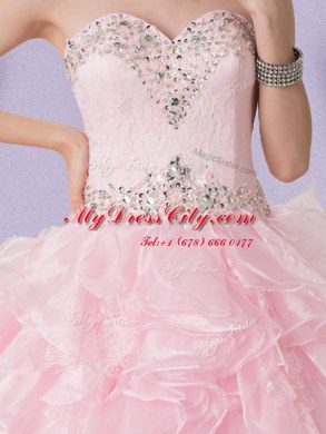 Baby Pink Ball Gown Prom Dress Military Ball and Sweet 16 and Quinceanera and For with Beading and Ruffles Sweetheart Sleeveless Lace Up