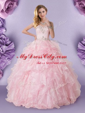 Baby Pink Ball Gown Prom Dress Military Ball and Sweet 16 and Quinceanera and For with Beading and Ruffles Sweetheart Sleeveless Lace Up