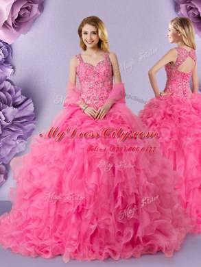 Gorgeous Hot Pink Ball Gowns Organza Straps Sleeveless Lace Floor Length Lace Up Sweet 16 Dresses