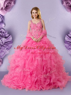 Gorgeous Hot Pink Ball Gowns Organza Straps Sleeveless Lace Floor Length Lace Up Sweet 16 Dresses