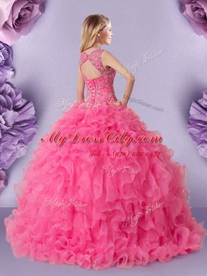 Gorgeous Hot Pink Ball Gowns Organza Straps Sleeveless Lace Floor Length Lace Up Sweet 16 Dresses