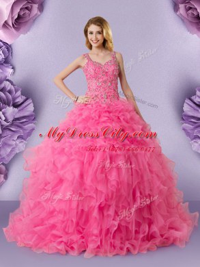 Gorgeous Hot Pink Ball Gowns Organza Straps Sleeveless Lace Floor Length Lace Up Sweet 16 Dresses