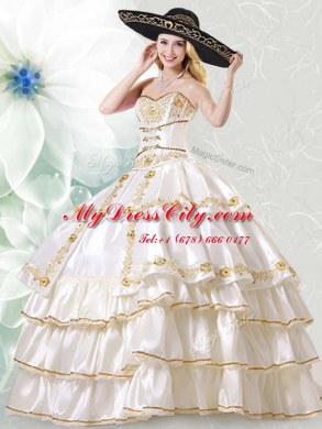 White Taffeta Lace Up Sweetheart Sleeveless Floor Length Ball Gown Prom Dress Embroidery and Ruffled Layers