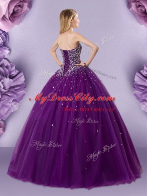 Sleeveless Tulle Floor Length Lace Up Quinceanera Dresses in Dark Purple with Beading