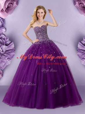 Sleeveless Tulle Floor Length Lace Up Quinceanera Dresses in Dark Purple with Beading