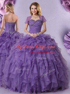 Fancy Purple Sweet 16 Dress Military Ball and Sweet 16 and Quinceanera and For with Beading and Ruffles Sweetheart Sleeveless Lace Up