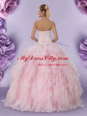 Beauteous Baby Pink Sleeveless Floor Length Beading and Lace and Ruffles Lace Up Quinceanera Dresses