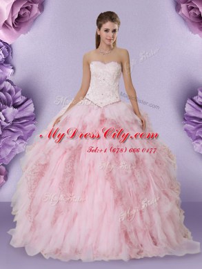 Beauteous Baby Pink Sleeveless Floor Length Beading and Lace and Ruffles Lace Up Quinceanera Dresses