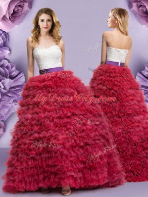 Adorable Wine Red Lace Up Sweetheart Lace and Ruffled Layers Quinceanera Gowns Tulle Sleeveless
