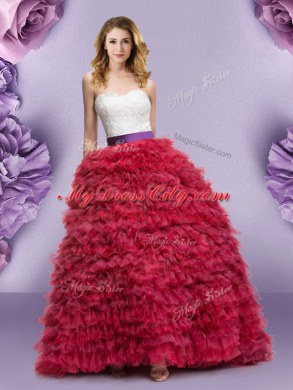 Adorable Wine Red Lace Up Sweetheart Lace and Ruffled Layers Quinceanera Gowns Tulle Sleeveless