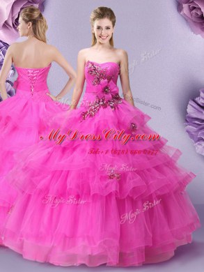 Elegant Hot Pink Tulle Lace Up Sweetheart Sleeveless Floor Length Quinceanera Gowns Appliques and Ruffled Layers and Hand Made Flower