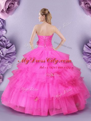 Elegant Hot Pink Tulle Lace Up Sweetheart Sleeveless Floor Length Quinceanera Gowns Appliques and Ruffled Layers and Hand Made Flower