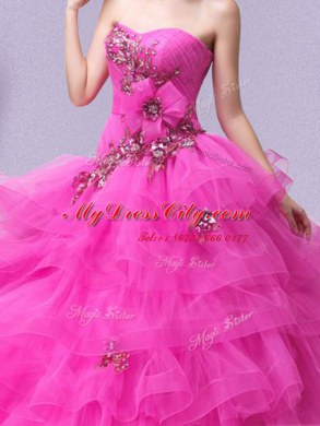 Elegant Hot Pink Tulle Lace Up Sweetheart Sleeveless Floor Length Quinceanera Gowns Appliques and Ruffled Layers and Hand Made Flower