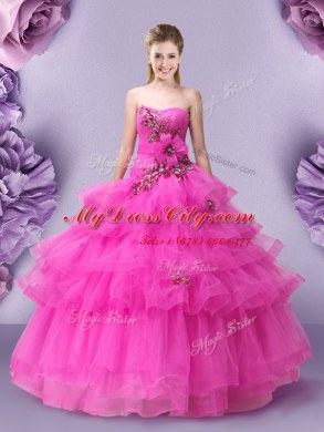 Elegant Hot Pink Tulle Lace Up Sweetheart Sleeveless Floor Length Quinceanera Gowns Appliques and Ruffled Layers and Hand Made Flower