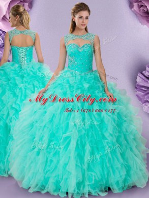 Scoop Beading and Ruffles Quinceanera Dress Apple Green Lace Up Sleeveless Floor Length