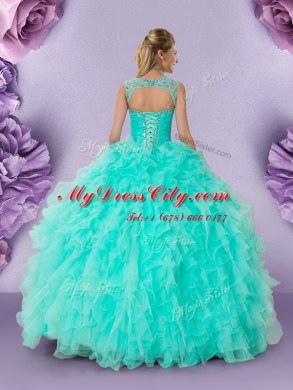 Scoop Beading and Ruffles Quinceanera Dress Apple Green Lace Up Sleeveless Floor Length