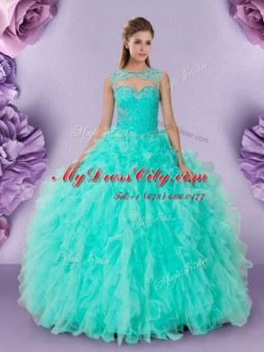 Scoop Beading and Ruffles Quinceanera Dress Apple Green Lace Up Sleeveless Floor Length