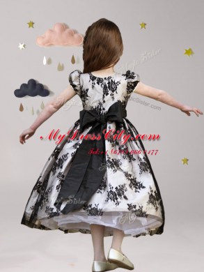 Scoop Lace Black Zipper Flower Girl Dresses Sashes ribbons Short Sleeves Tea Length