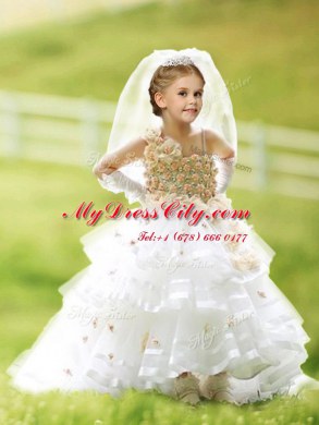 Extravagant Ruffled White Sleeveless Organza Brush Train Zipper Toddler Flower Girl Dress for Party and Quinceanera and Wedding Party