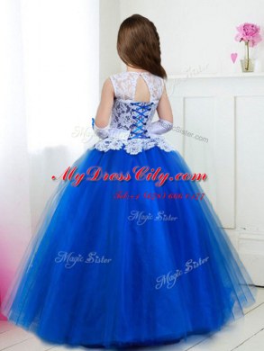 Best Scoop Floor Length Lace Up Flower Girl Dresses Royal Blue for Party and Quinceanera and Wedding Party with Beading and Lace and Belt