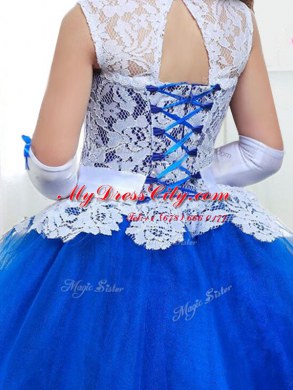 Best Scoop Floor Length Lace Up Flower Girl Dresses Royal Blue for Party and Quinceanera and Wedding Party with Beading and Lace and Belt